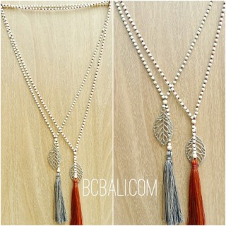 single strand beads necklace tassels leaves bronze silver 